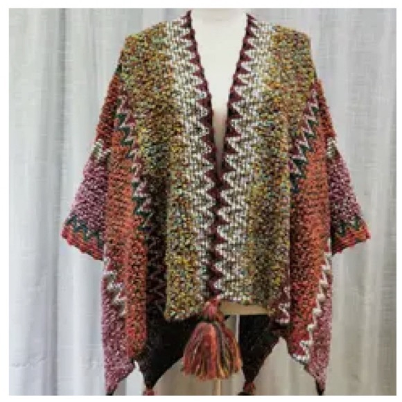 Sweaters - 0024. Multicolor Knit Poncho with Tassels